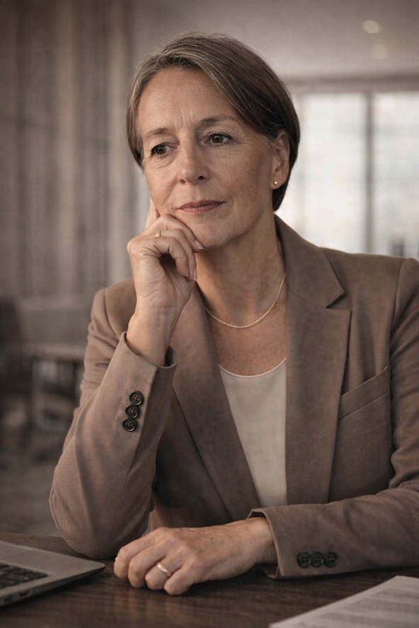 Anita Kaltschmied sitzt nachdenklich an einem Schreibtisch